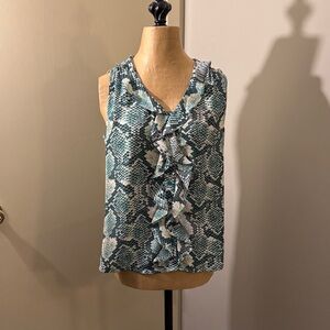 Tahari Arthur Levine snake print teal green cream ruffles